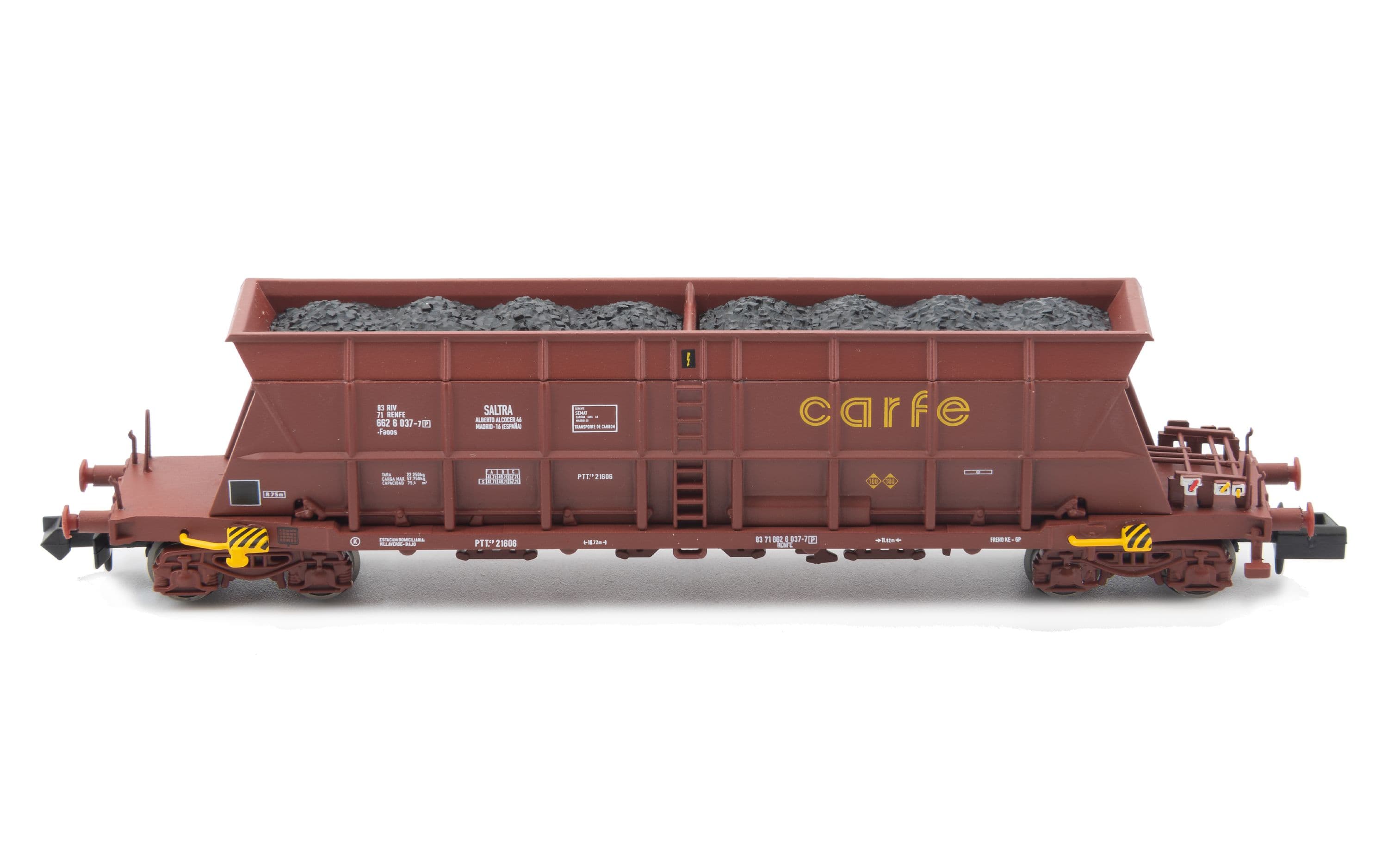 RENFE, set de dos vagones tolva tipo Faoos, decoración marrón “SALTRA / CARFE”, ép. IV-V