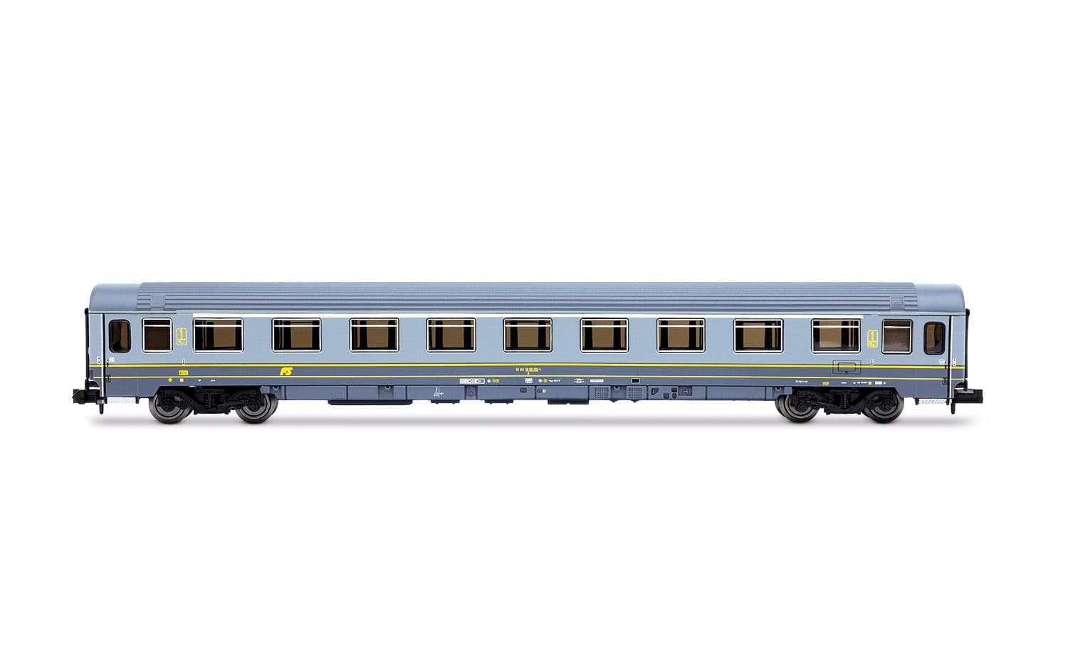 FS, 2-tlg. Set UIC-Z1-Wagen, bestehend aus 1.-Klasse-Wagen in grau/gelber Farbgebung + 2.-Klasse-Wagen in „Bandiera“ Farbgebung, Ep. V