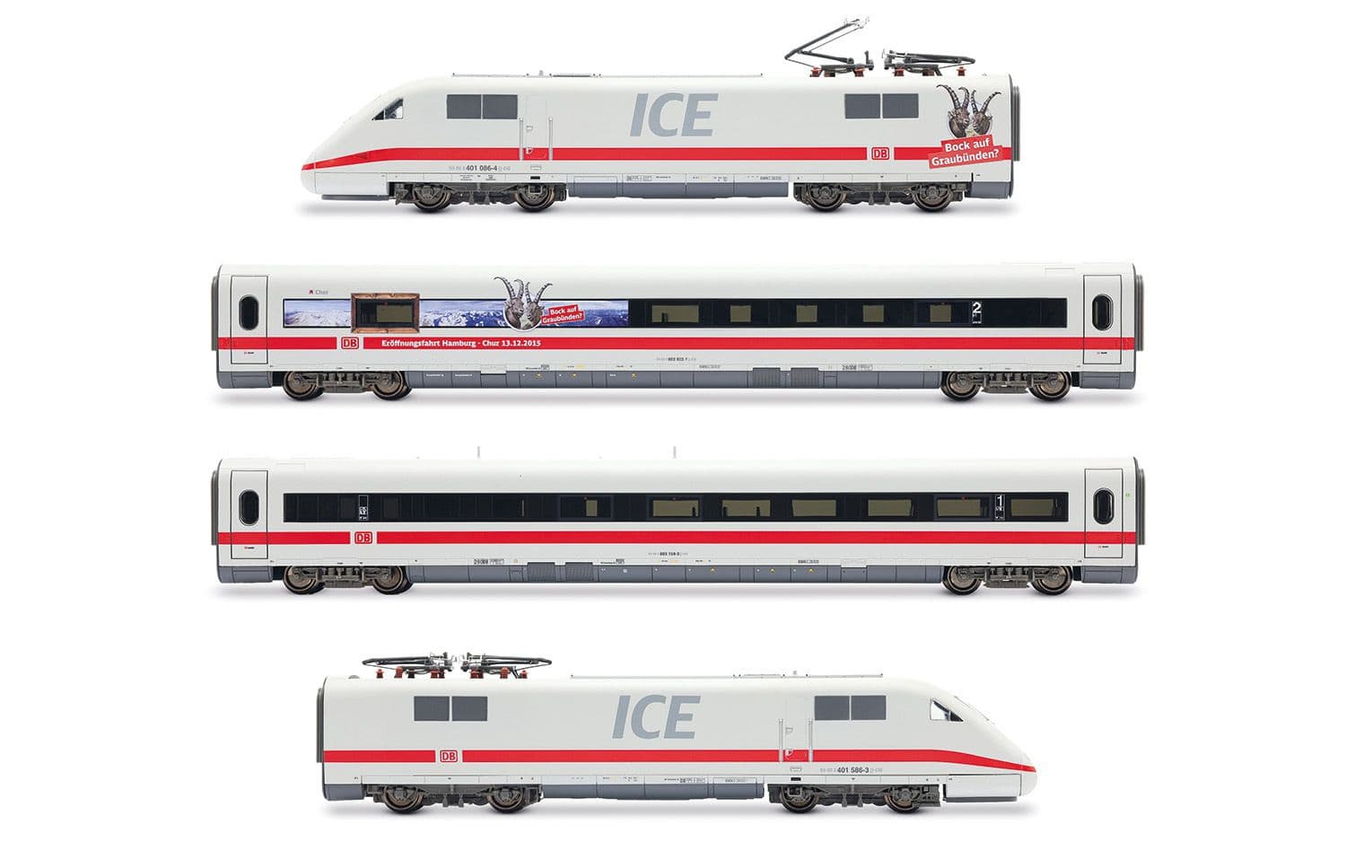 DB AG, ICE1, Tz 186 „Chur“ mit zusätzlichen Schweizer Stromabnehmern, 4-tlg. Grundset (Lok, Dummy, Servicewagen + Wagen 2. Klasse), „Bock auf Graubünden“