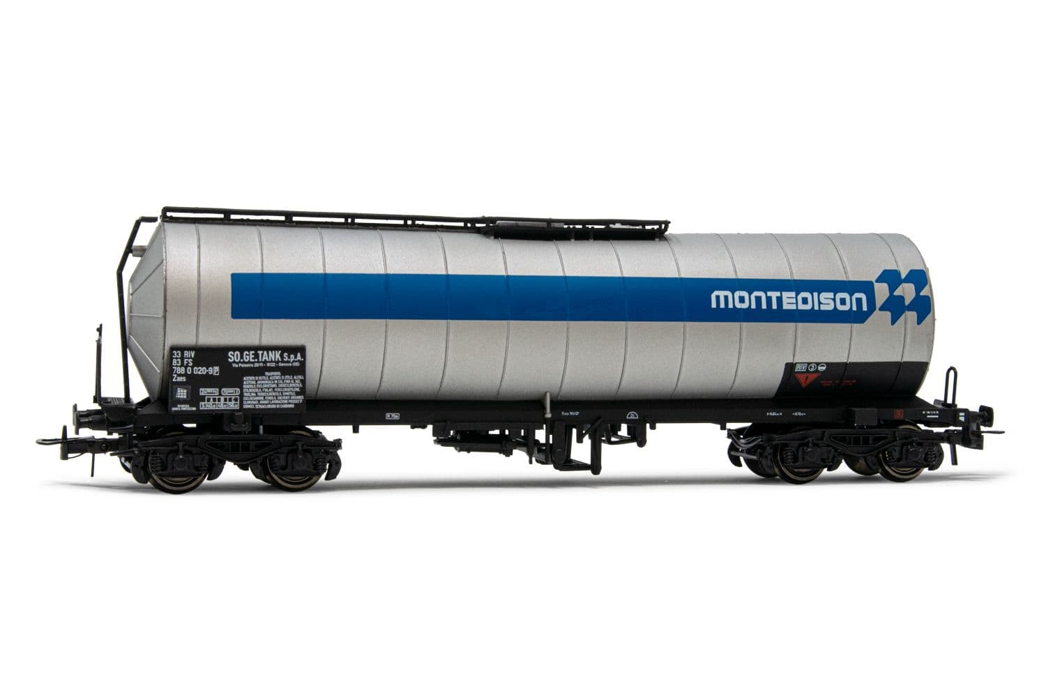 FS, 4-axle tank wagon Zaes, silver/blue "Montedison" livery, period IV. Suitable AC wheelsets for this item: HC6100 (10,27 x 25,20 mm)