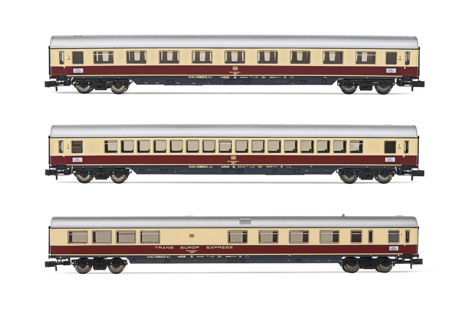 DB, 3-unit pack coaches "TEE Bavaria" (Apm121, Avm111 &amp; ARDm106), red/beige livery, period IV (70's)