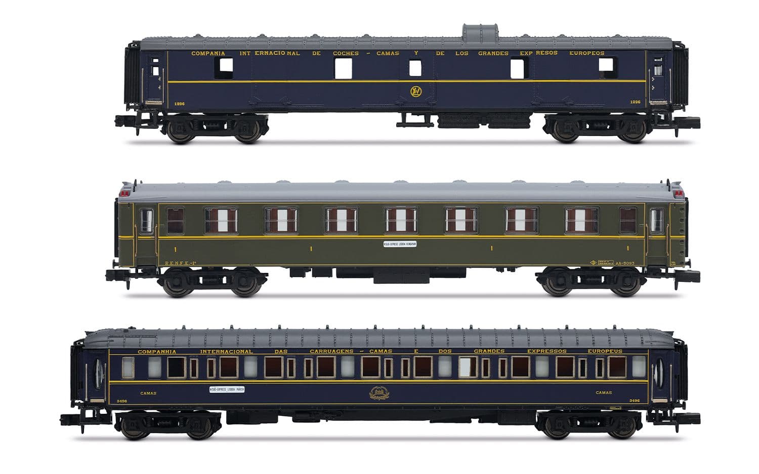 CIWL, 3-tlg. Zugset „Sud-Express", Set 1/2, bestehend aus 1 x DD3 + 1 x AA 5000 in Grün mit Faltenbälgen + 1 x WL, Ep. III-IV