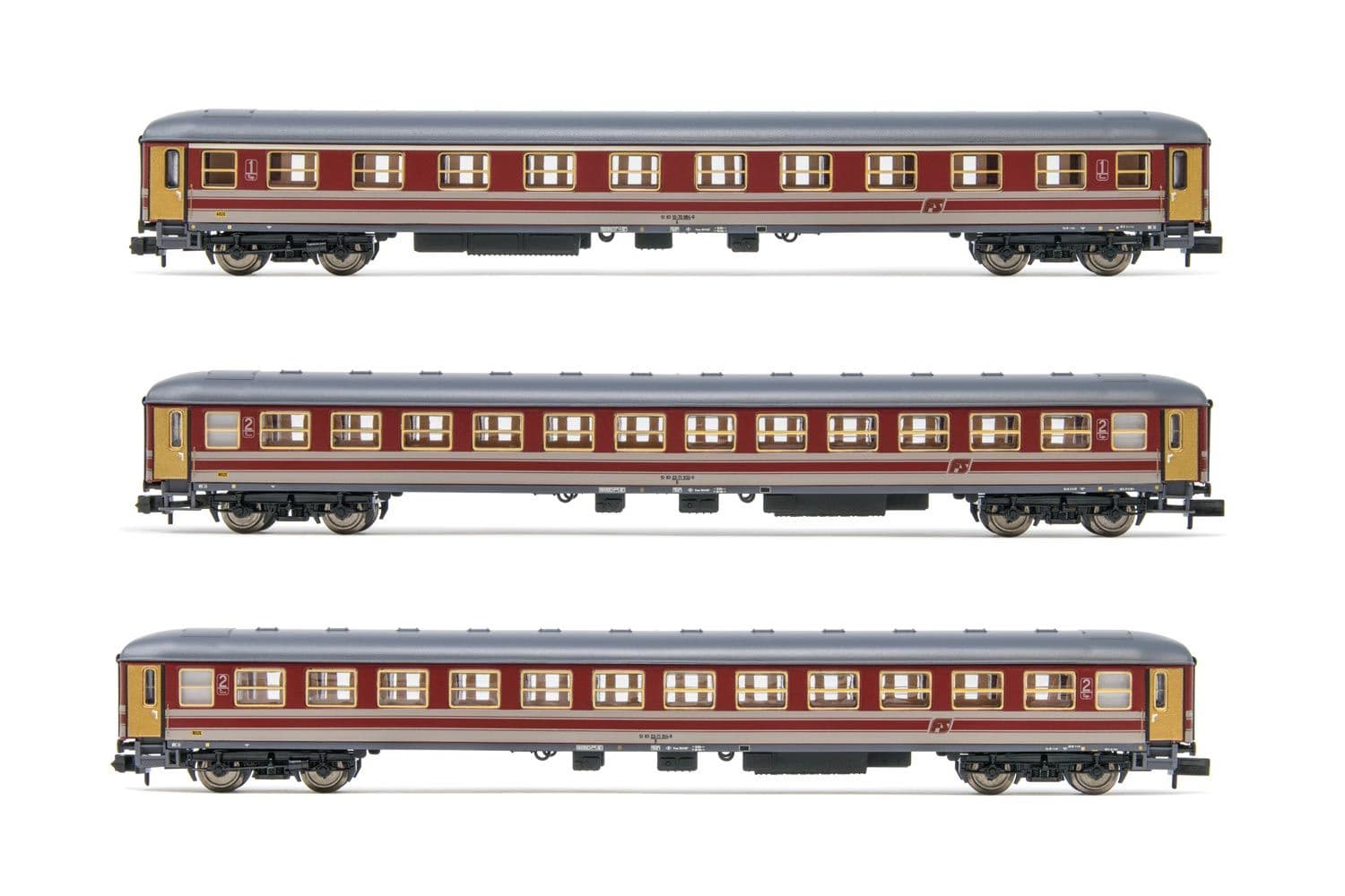 FS, coffret de 3 voitures UIC-X Type 1964, livrée "rosso fegato/grigio beige", composé de 1 x voiture de 1ére classe et 2 x voitures 2éme classe, ép, IV