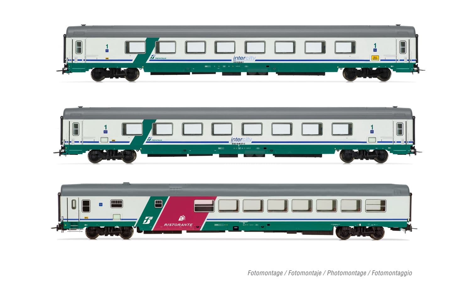 FS, 3-unit pack IC 507/530 "Sila" Torino-Reggio C., 2x Gran Confort 1985 open space + restaurant GC WR83 smooth roof, XMPR "Intercity Plus" livery, ep. Vb