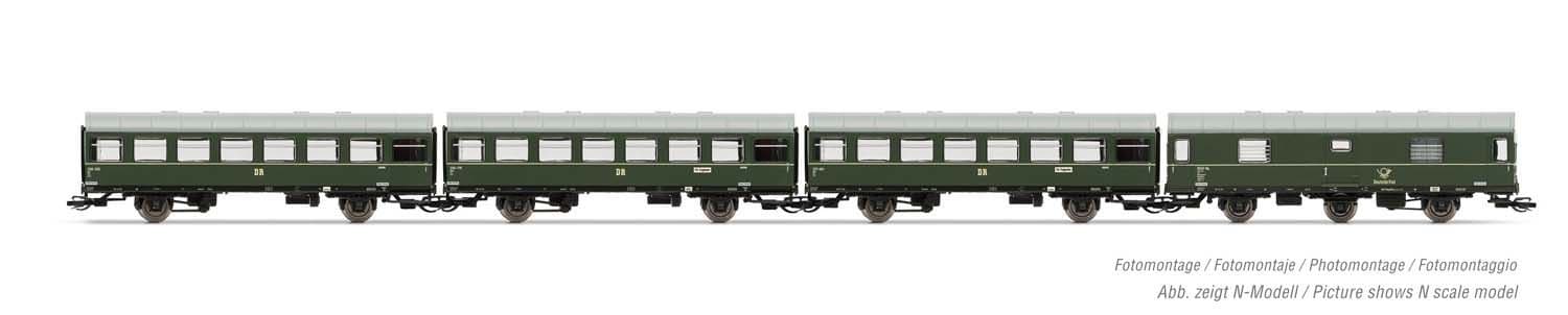DR, 4-unit pack coaches "Rekowagen", contains one post van and three 2-axle coaches, dark green livery with one decor line, period III