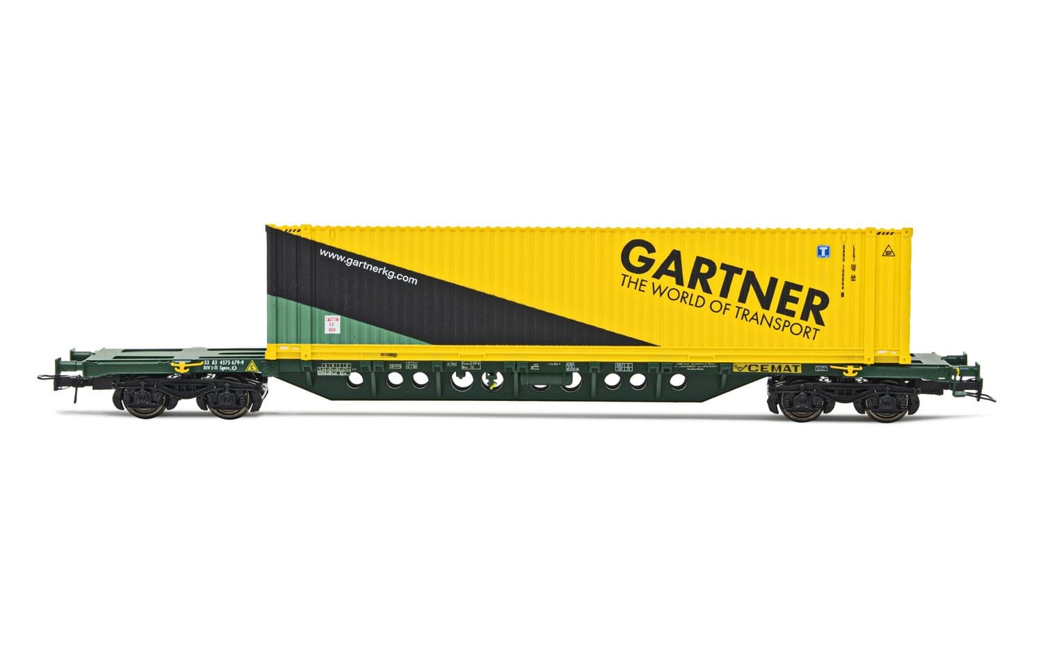4-achs. Containerwagen Sgnss in grüner Lackierung, beladen mit einem 45' Container „Gartner", Ep. V-VI
