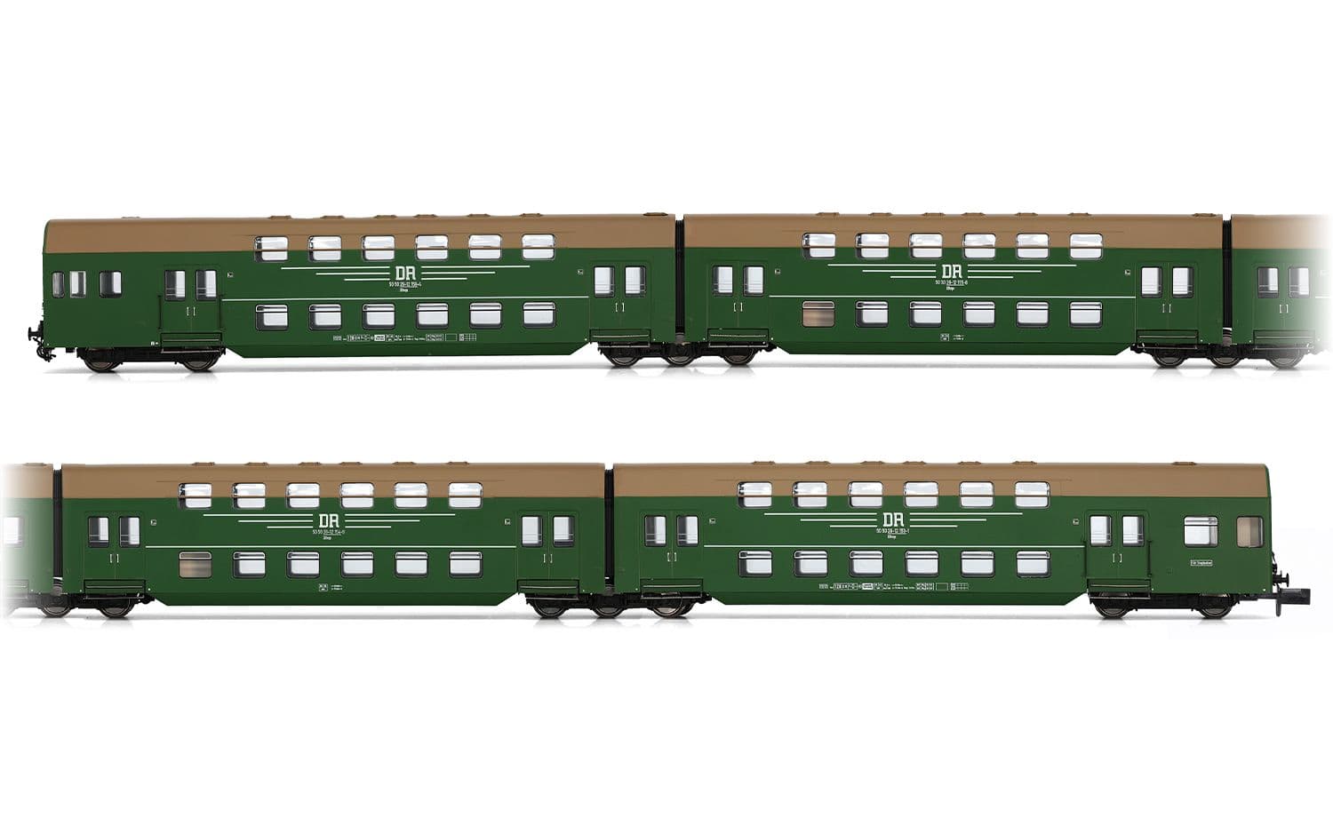 DR, 4-tlg. Doppelstockwagen der Bauart DBv mit Führerstand, gerade Front, blattgrün-braune Farbgebung „DR", Ep. IV