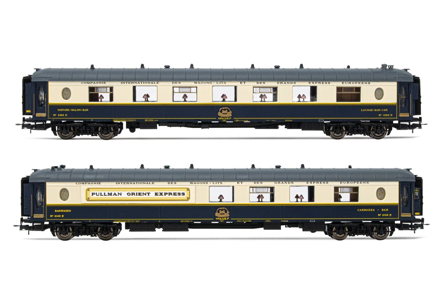 CIWL, 2-unit set of coaches, including 1 x "Côte d'Azur" bar coach n° 4148 and 1 x "Train Bleu" salon coach n° 4160, period V-VI