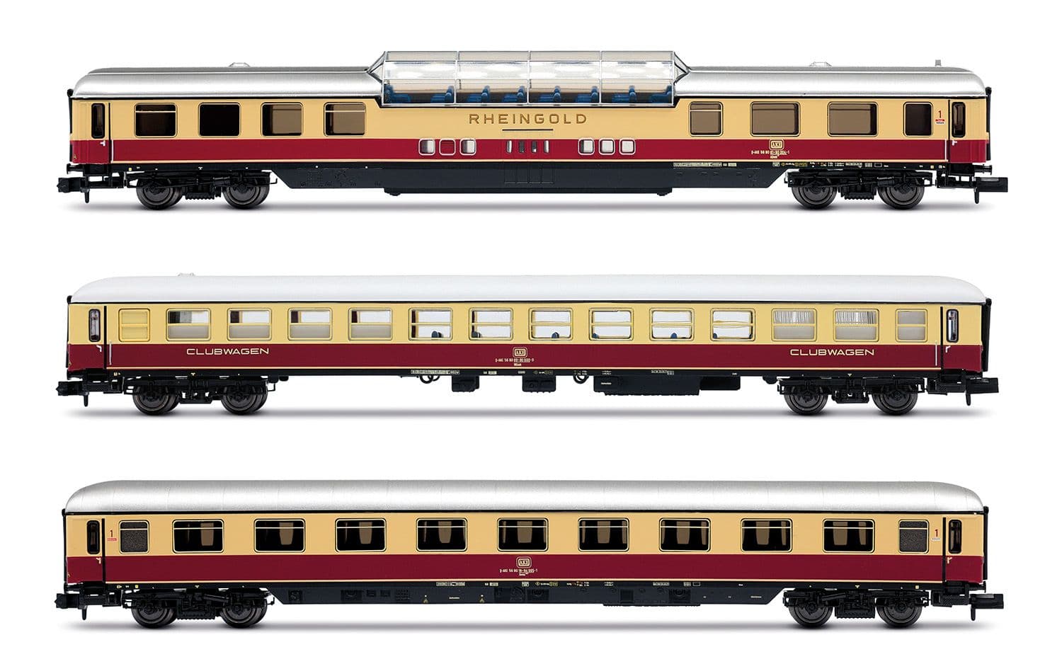 AKE, 3-tlg. Set „Rheingold", Set 1/2, bestehend aus 1 x Aussichtswagen ARDm + 1 x Clubwagen WGmh + 1 x Wagen Avmz, Ep. VI