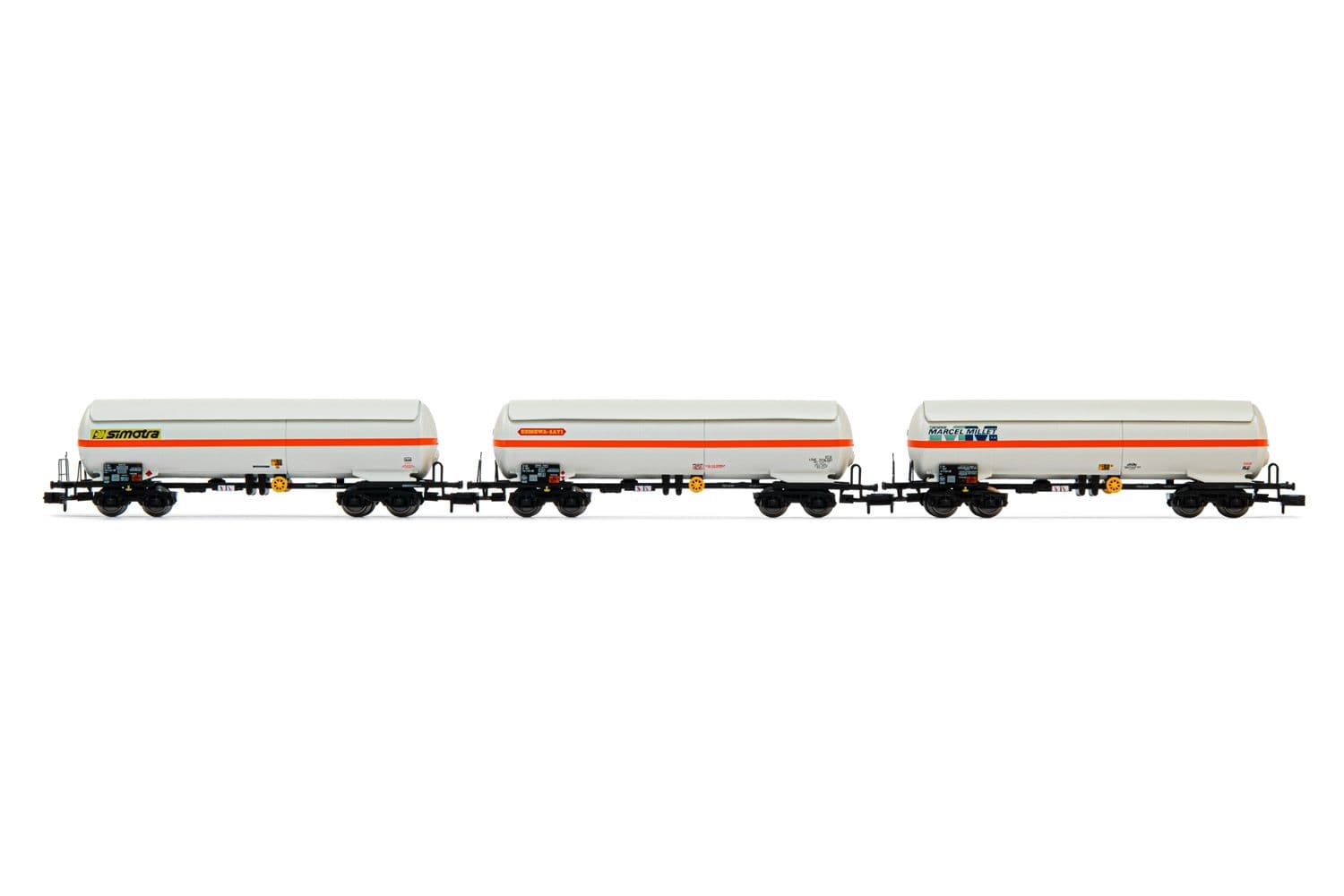 SNCF, 3-unit 4-axle gas tank wagons, contains 1 x "ERMEWA SATI", 1x "Millet" and 1 x "simotra", period IV-V