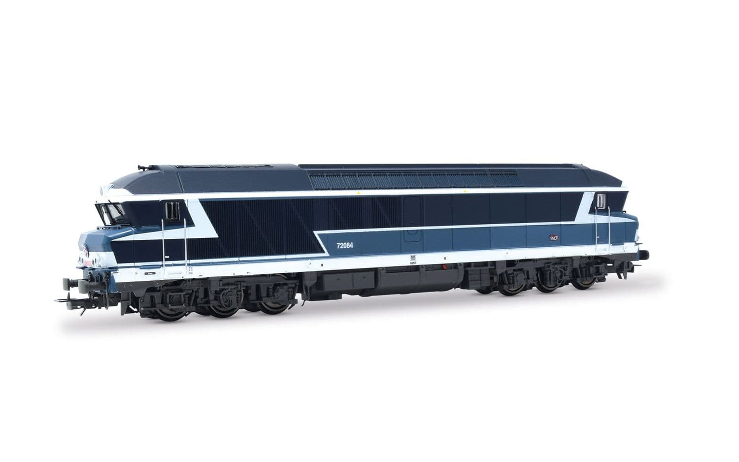 SNCF, locomotive diesel CC à 6 essieux 72084, livrée bleue avec logo « Carmillon », ép. V
