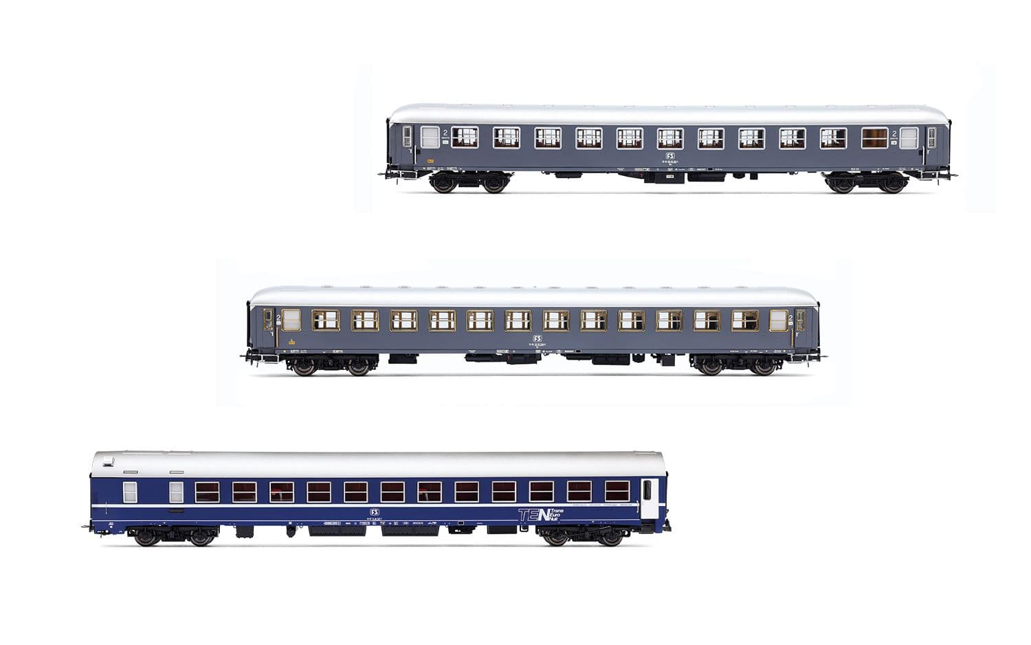 FS, 3-unit pack of Exp 234/235 Remus Roma – Wien, UIC-X '68 couchettes + UIC-X '68 2nd class grey + WLABm MU '73 TEN