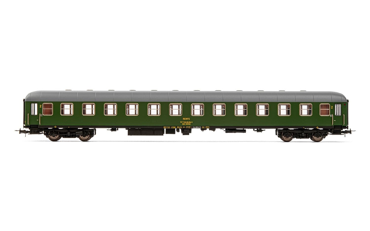 RENFE, coche BB-8500, decoración verde 2ª clase, ép. IV