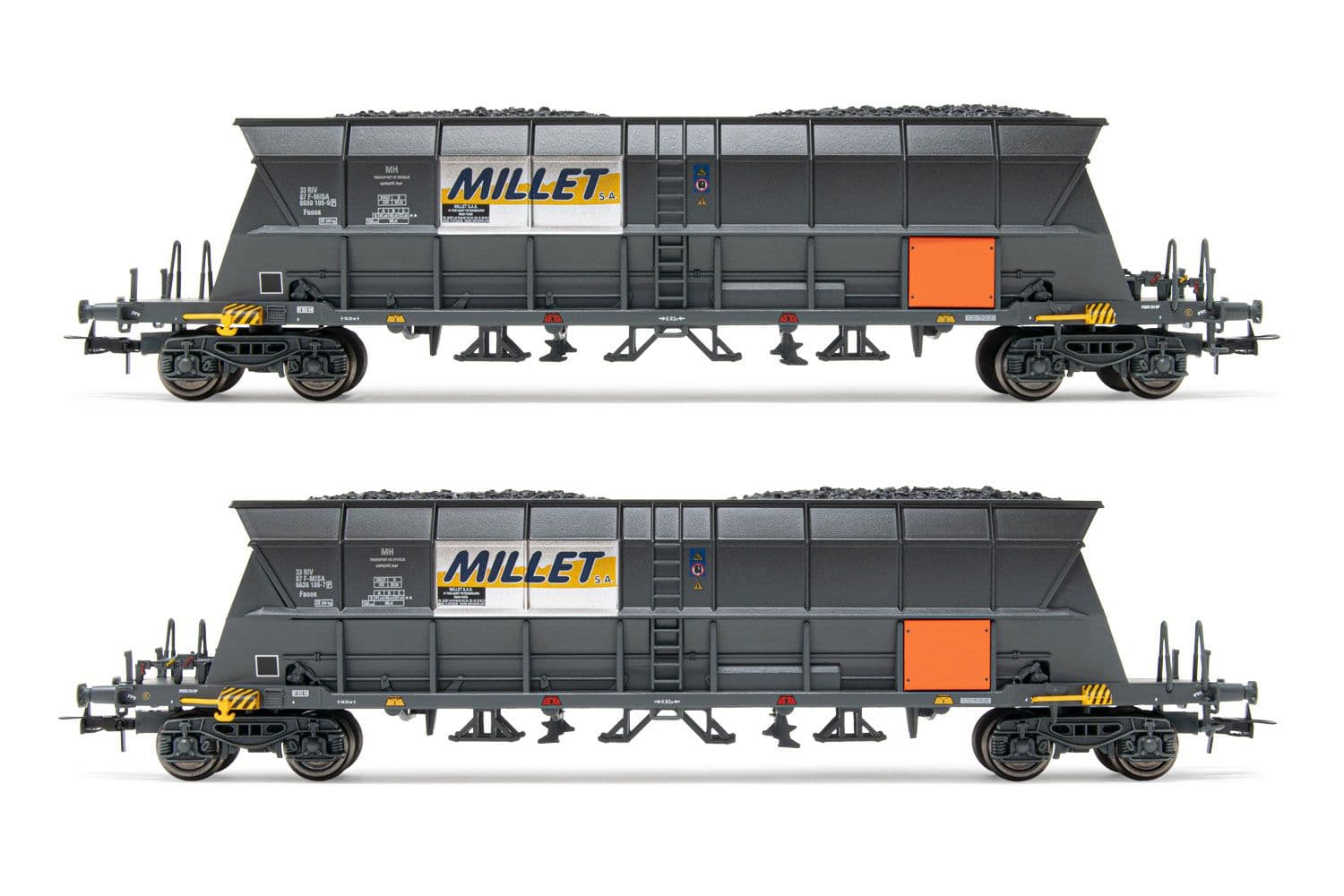 SNCF, coffret de 2 wagons-trémies à 4 essieux EF60 pour le transport du charbon, livrée "Millet" avec plaque orange, ép. VI. Jeux de roues AC appropriés: HC6100 (10,27 x 25,20 mm)