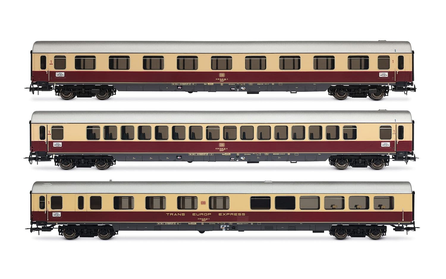 DB, 3-tlg. Set Reisezugwagen „TEE Bavaria" in rot/beiger Lackierung, bestehend aus 1 x Apmz, 1 x Avmz, 1 x ARDm, Ep. IV