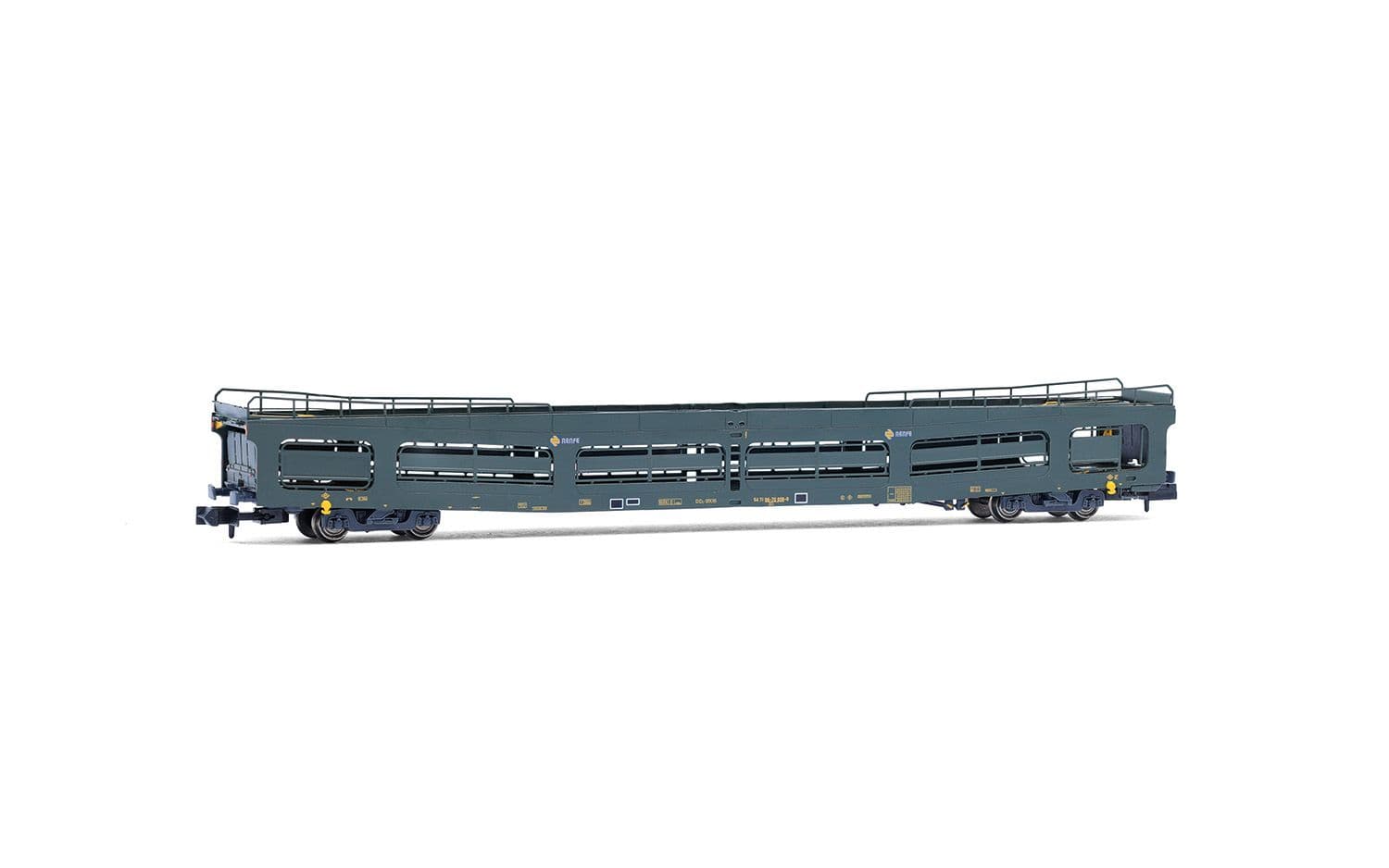 RENFE, 2-tlg. Set, Autotransportwagen DDMA, mit Schutzgittern, in ursprünglicher Lackierung, Ep. IV