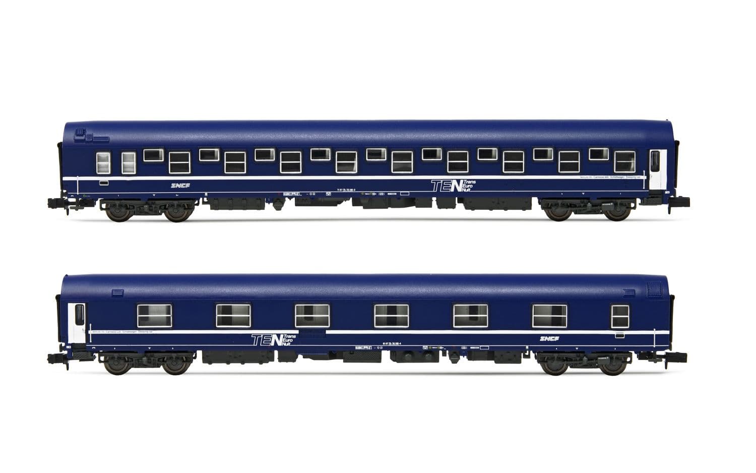 SNCF, 2-tlg. Set T2 Schlafwagen in blauer Lackierung mit „nouille"-Logo, Ep. IV-V