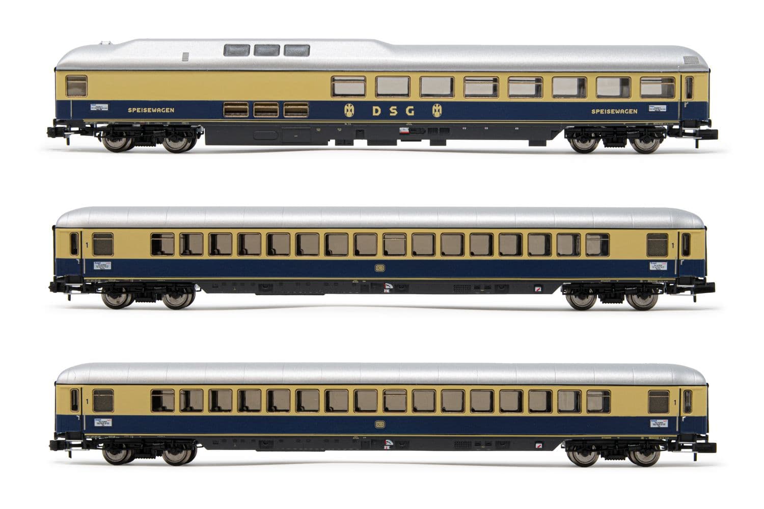 DB, ensemble de 3 voitures "Rheingold", composé de voiture restuarant et 2 voitures Apmh, livrée bleue, ép. III