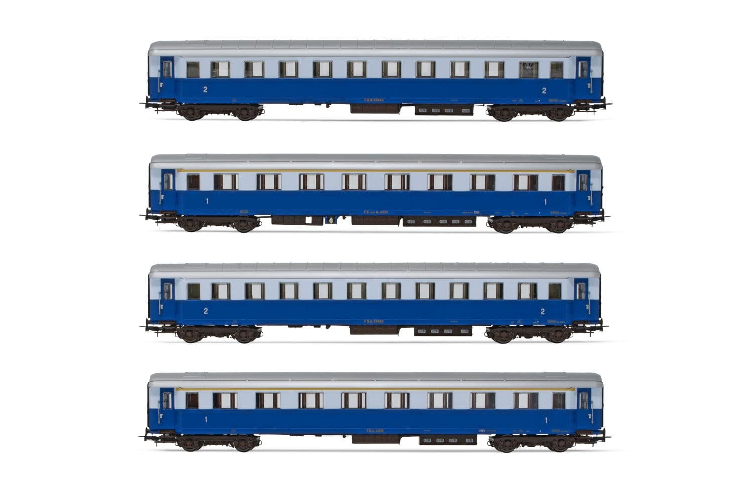 FS, set di 4 carrozze "Treno Azzurro", composto da 2 carrozze di 1a classe tipo 1946 Az13010 e 2 carrozze di 2a classe tipo 1946 Bz33010, una con scompartimento ristoro, ep. IIIb. Assi sostitutivi per corrente alternata: HC6102 (10,5 x 24,50 mm)