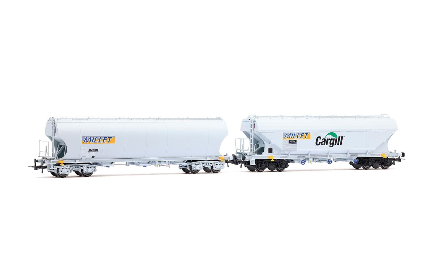 SNCF, 2-unit pack of cereal hopper wagons "MILLET", flat and rounded walls, grey livery