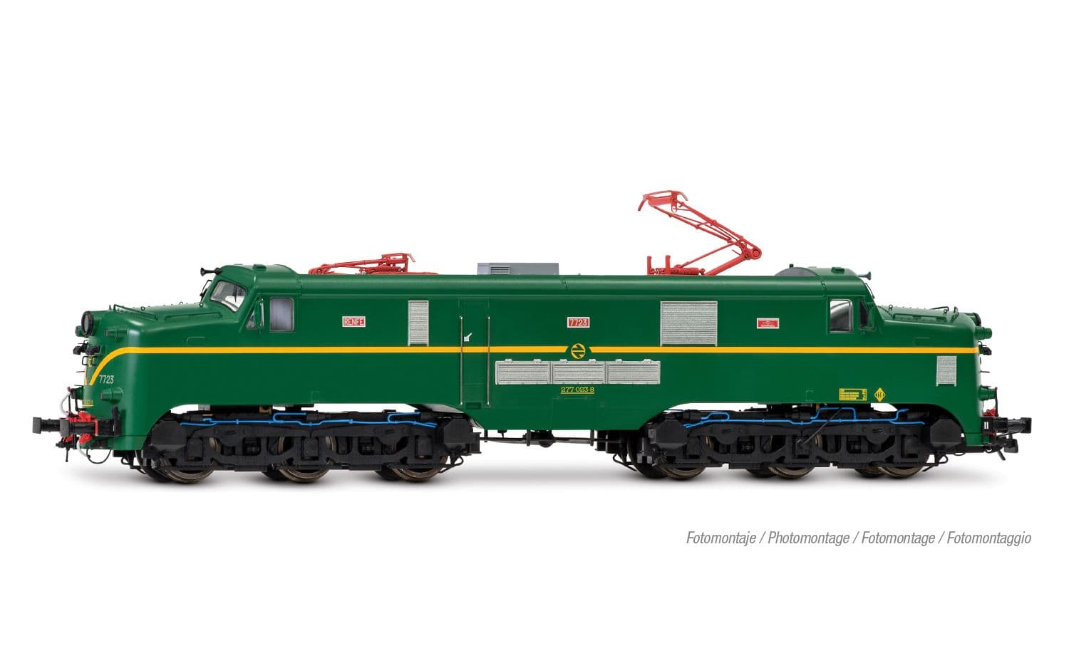 RENFE, locomotora eléctrica 277-023, con pantógrafos monobrazo, decoración verde-amarillo, con decoder de sonido multiprotocolo