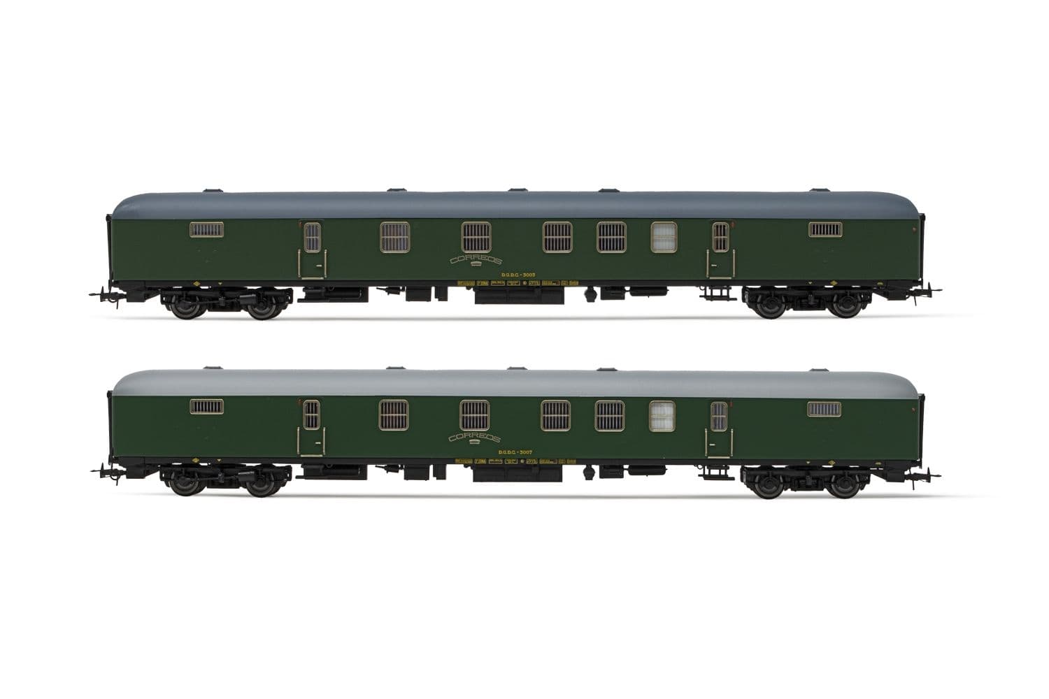 RENFE, set de 2 furgones postales DGDC-3000, decoración verde oliva, ép. III-IV
