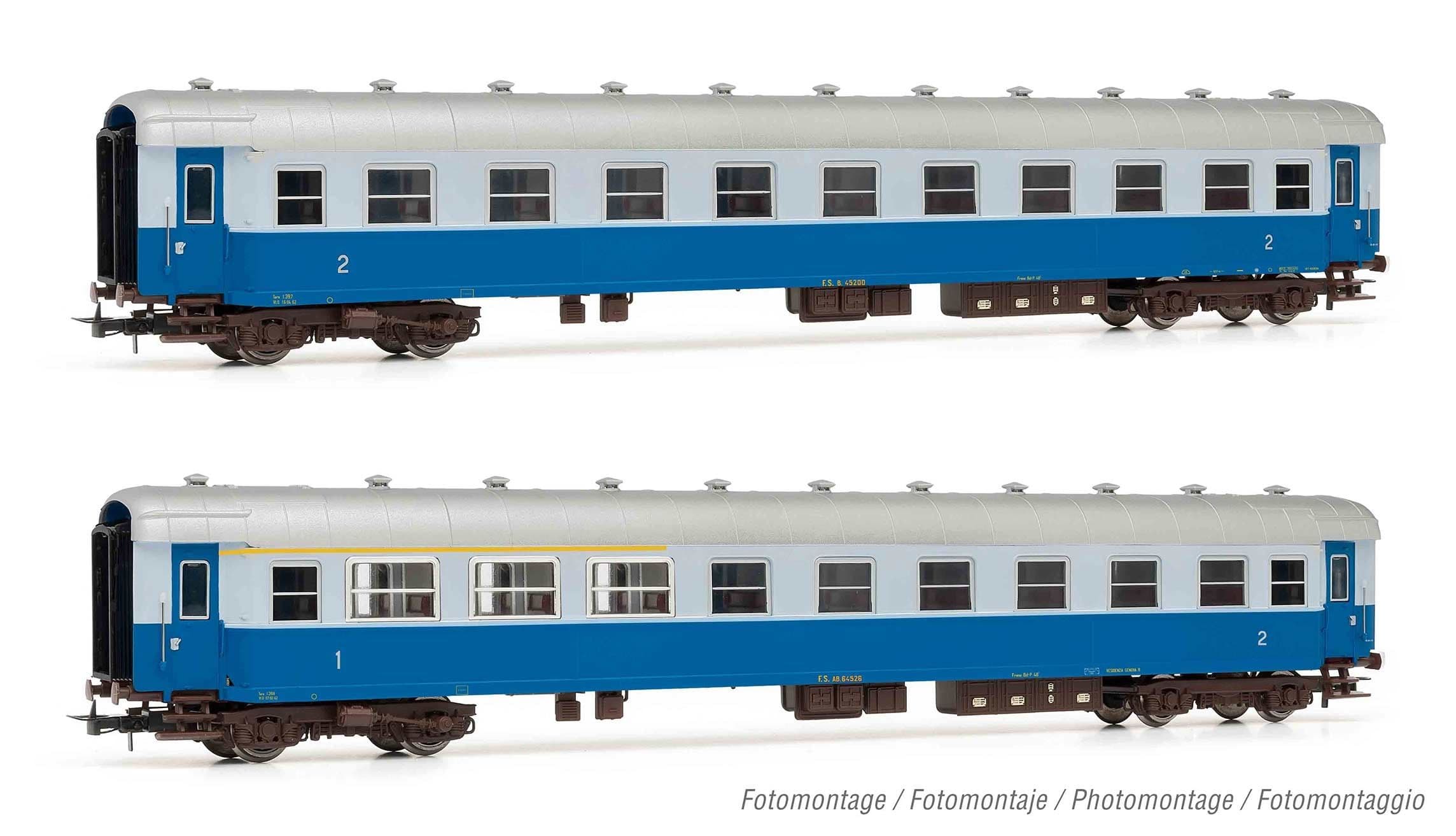 Rivarossi (H0 1:87) FS, 2 Einheitensatz Reisezugwagen Typ 59 blaue und hellblaue Lackierung; ein Trainer gemischt 1. bis 2. Klasse und ein Wagen 2. Klasse, Punkt III