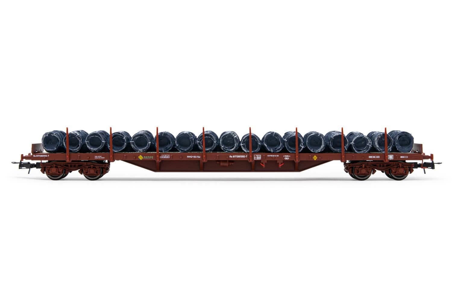 RENFE, 4-axle stake wagon MMQ, loaded with wire coils, period IV. Suitable AC wheelsets for this item: HC6100 (10,27 x 25,20 mm)