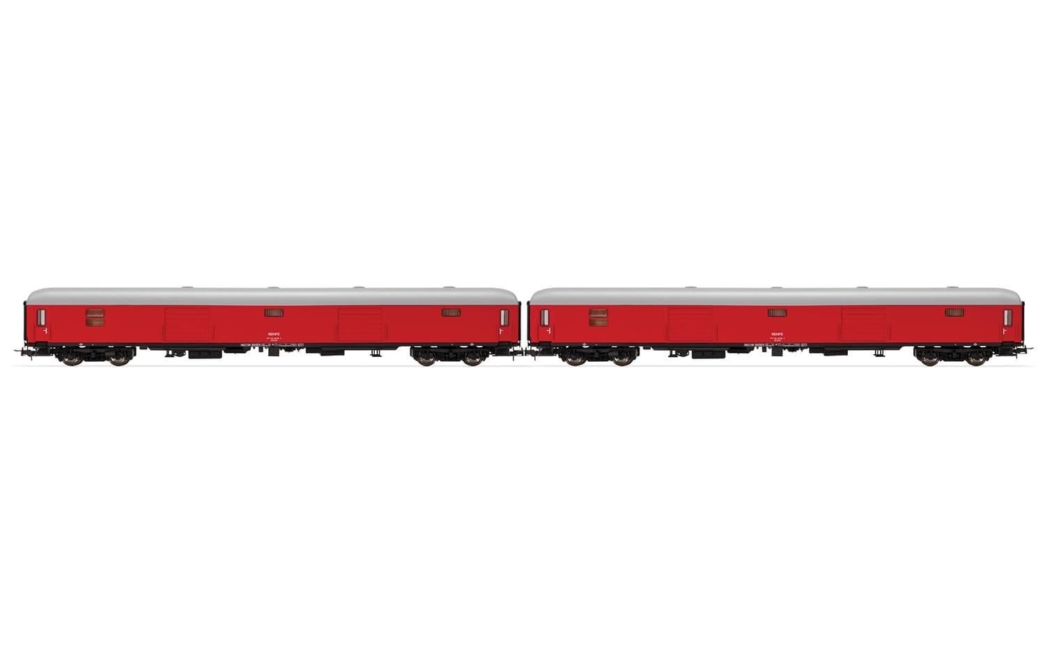 RENFE, set de 2 furgones, decoración roja, ép. V