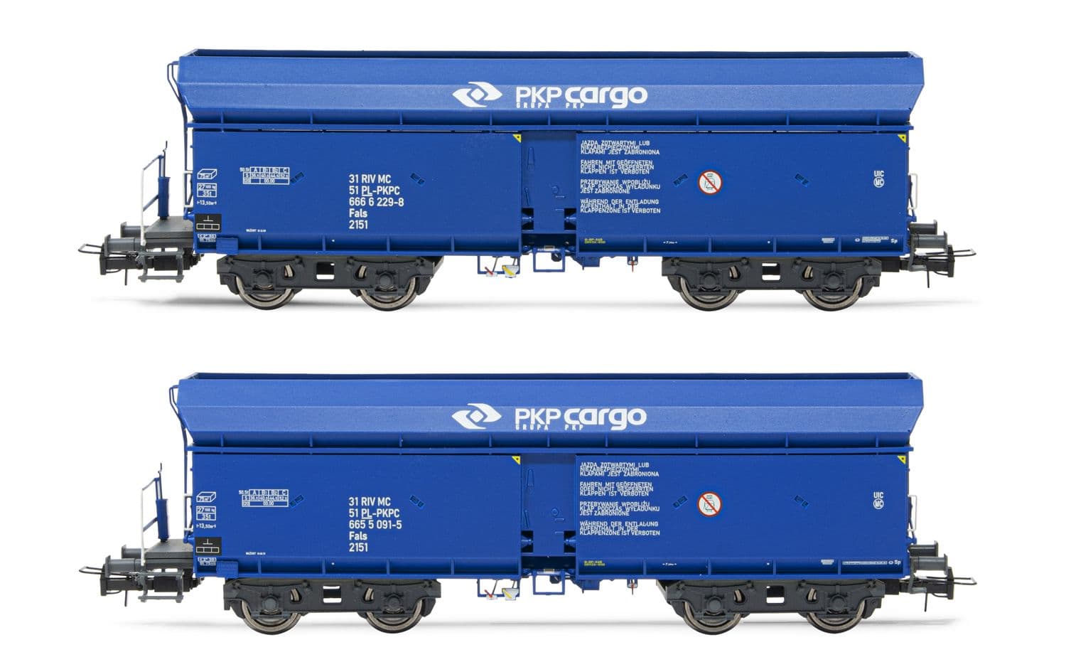 PKP, 2-unit set of 4-axle self-discharging wagons Fals, blue "PKP Cargo" livery, period V. Suitable AC wheelsets for this item: 11,00 x 23,30 mm