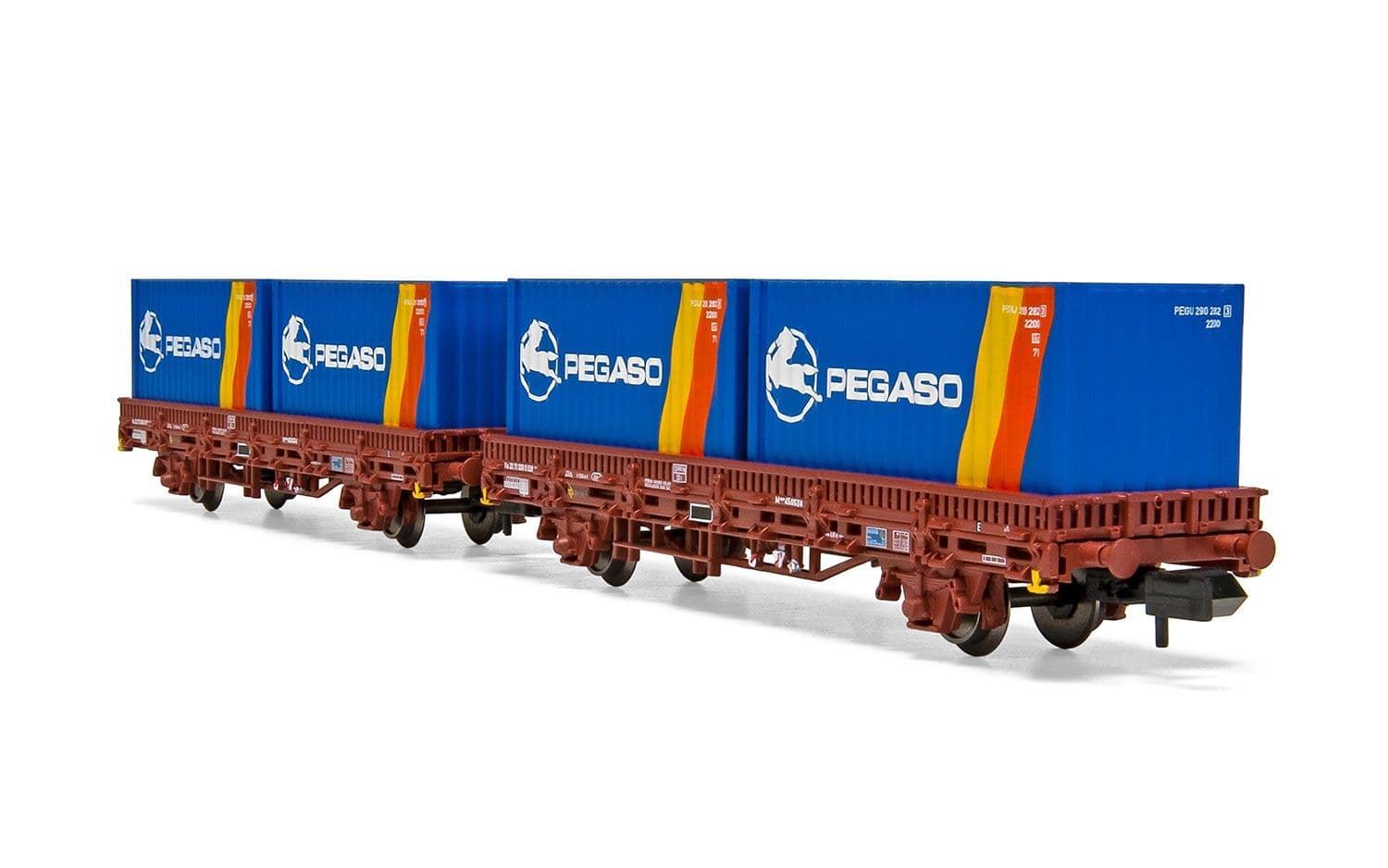 RENFE, set de 2 vagones plataforma 2 ejes, decoración rojo óxido, con carga de dos contenedores "Pegaso", ép. IV