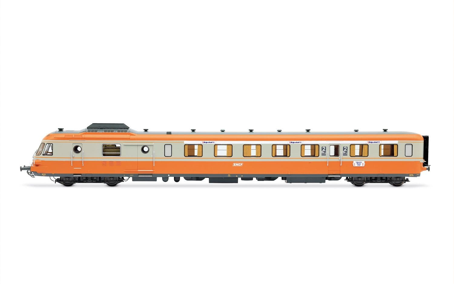 SNCF, diesel railcar RGP I with trailer in grey béton/orange livery "Alpazur", ep. IV