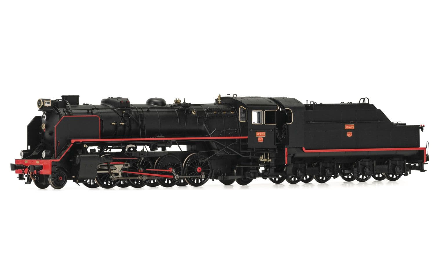 RENFE, locomotora de vapor 141F2396 "Mikado", decoración negra, ép. III