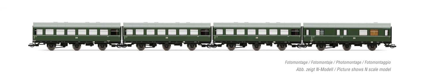 DR, 4-unit pack coaches "Rekowagen", contains one luggage van and three 3-axle coaches, dark green livery with one decor line, period III