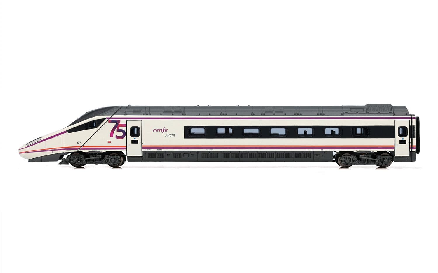 RENFE, set de 4 unidades, automotor eléctrico de alta velocidad S-114, decoración «75 aniversario RENFE», ép. VI