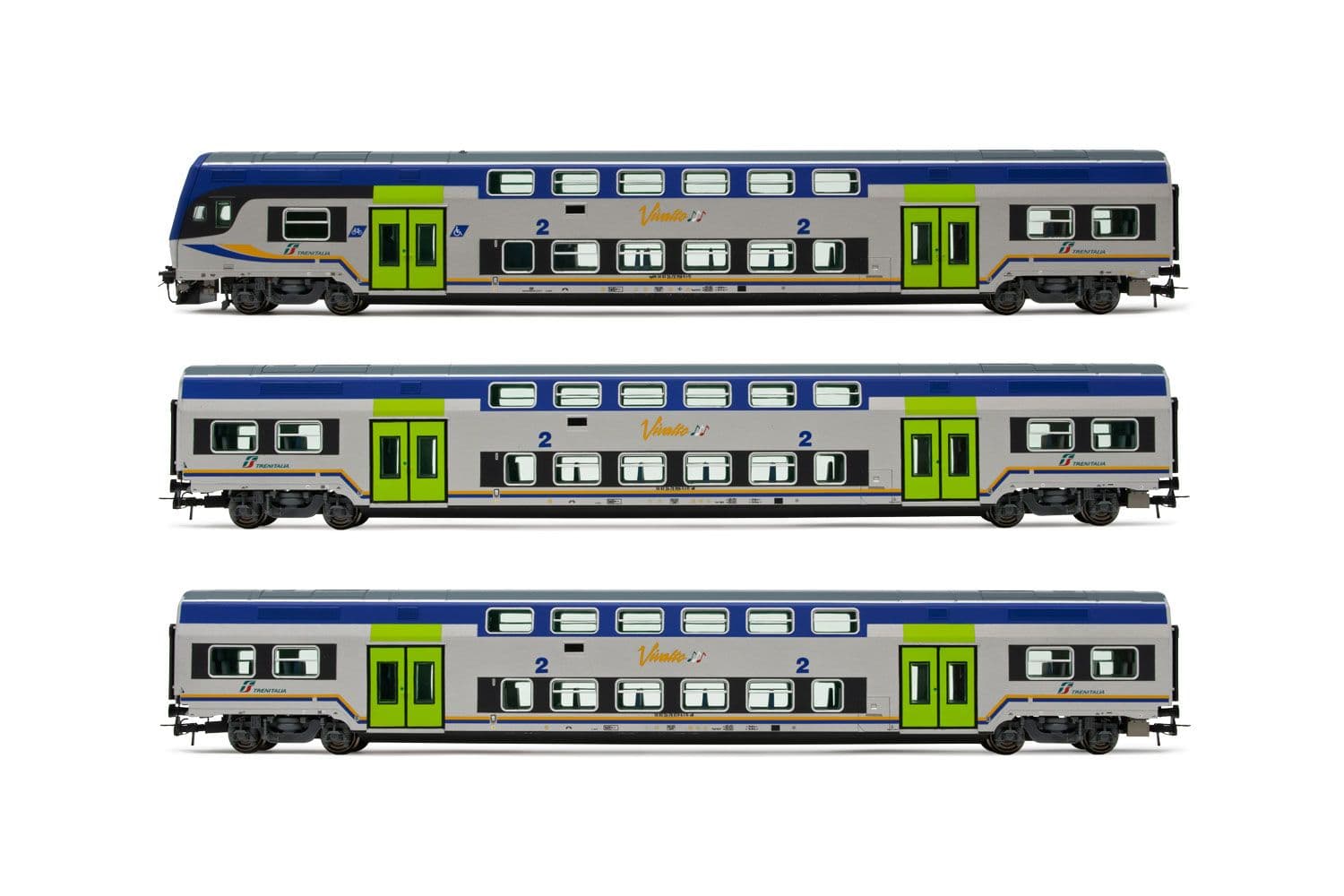 FS Trenitalia, 3-unit set of Vivalto coaches, DPR livery, including 1 x driver's cab and 2 x intermediate coaches, period VI