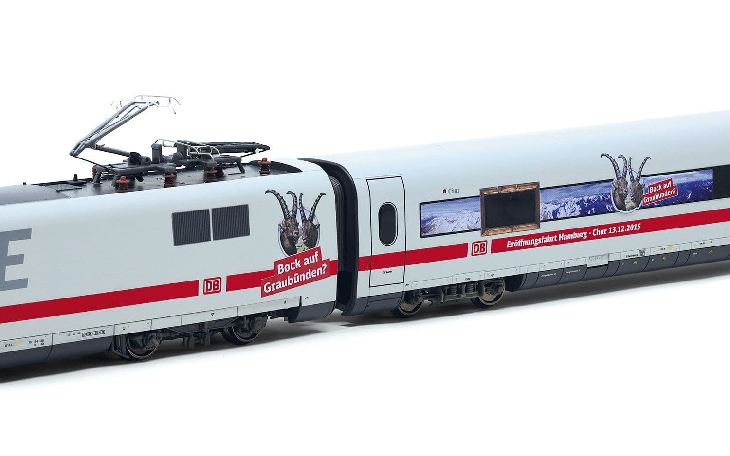 DB AG, ICE1, Tz 186 „Chur“ mit zusätzlichen Schweizer Stromabnehmern, 4-tlg. Grundset (Lok, Dummy, Servicewagen + Wagen 2. Klasse), „Bock auf Graubünden“