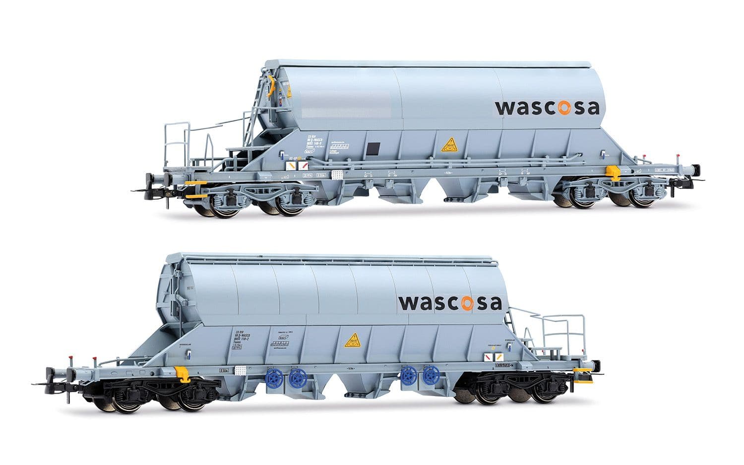 D-WASCO, 2-tlg. Set 4-achs. Schwenkdachwagen der Bauart Taoos „WASCOSA“, graue Farbgebung