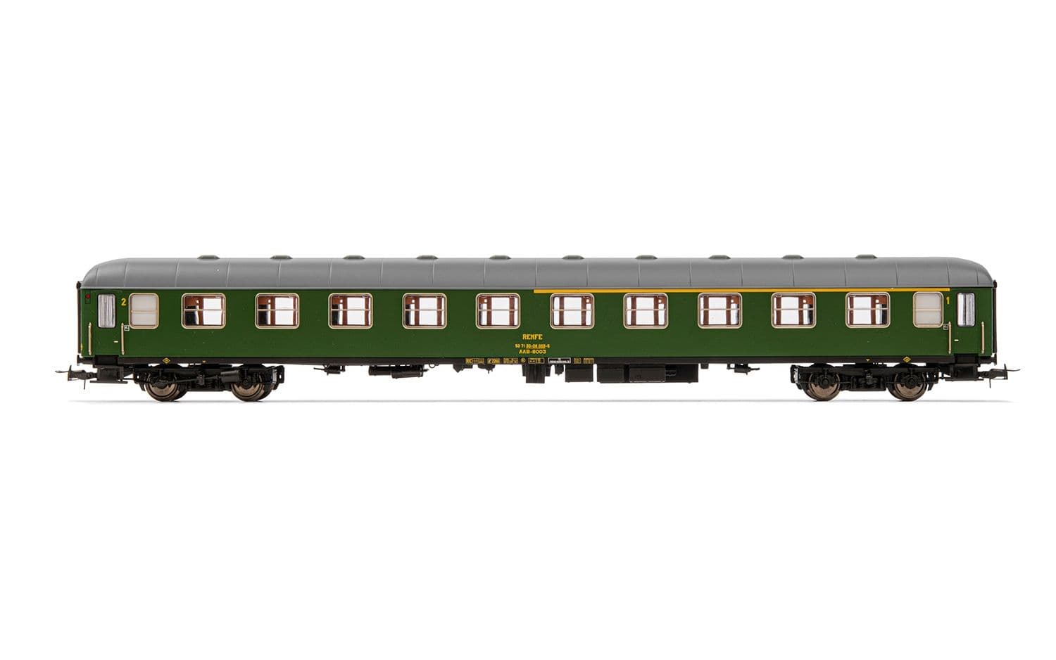 RENFE, coche AAB-8000, decoración verde 1ª/2ª clase, ép. IV