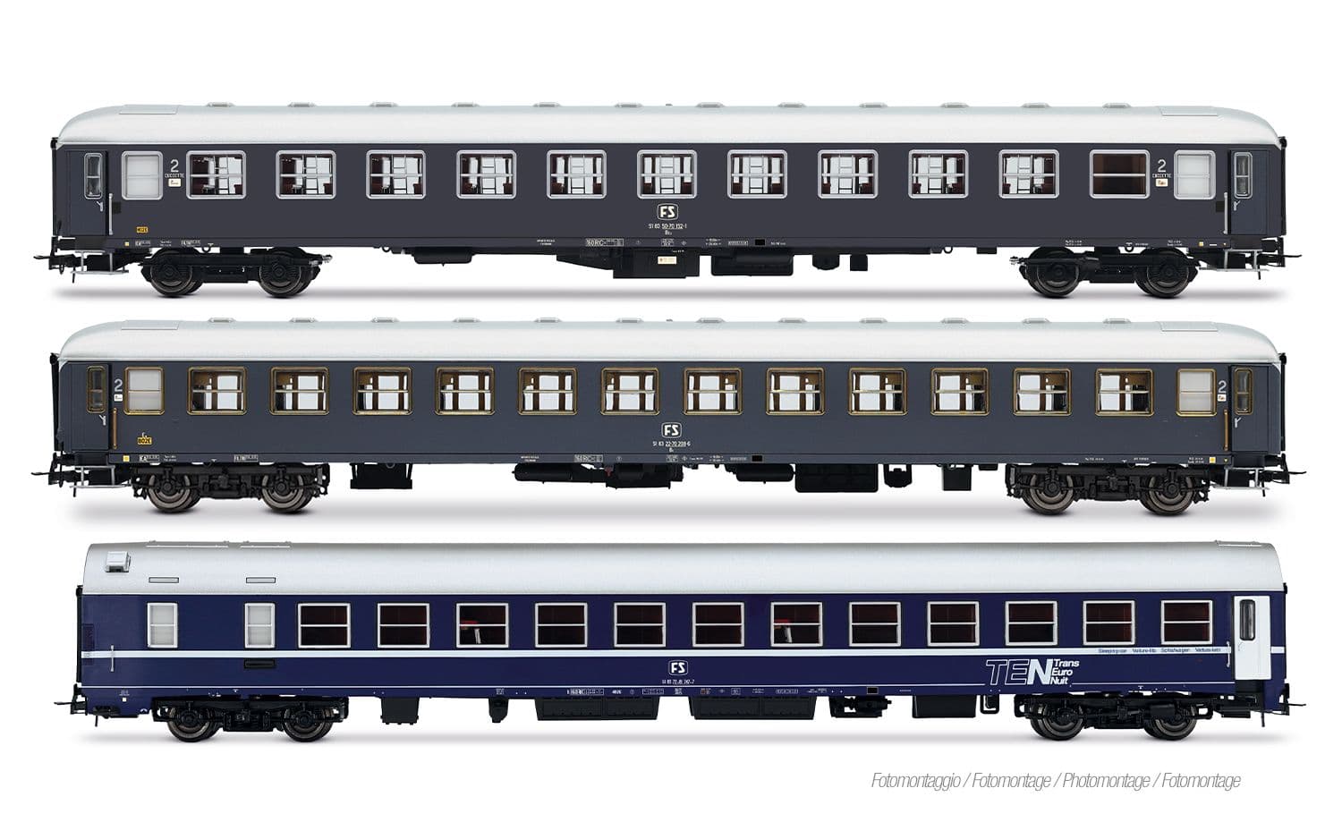 FS, 3-unit pack of Exp 234/235 Remus Roma – Wien, UIC-X '68 couchettes + UIC-X '68 2nd class grey + WLABm MU '73 TEN