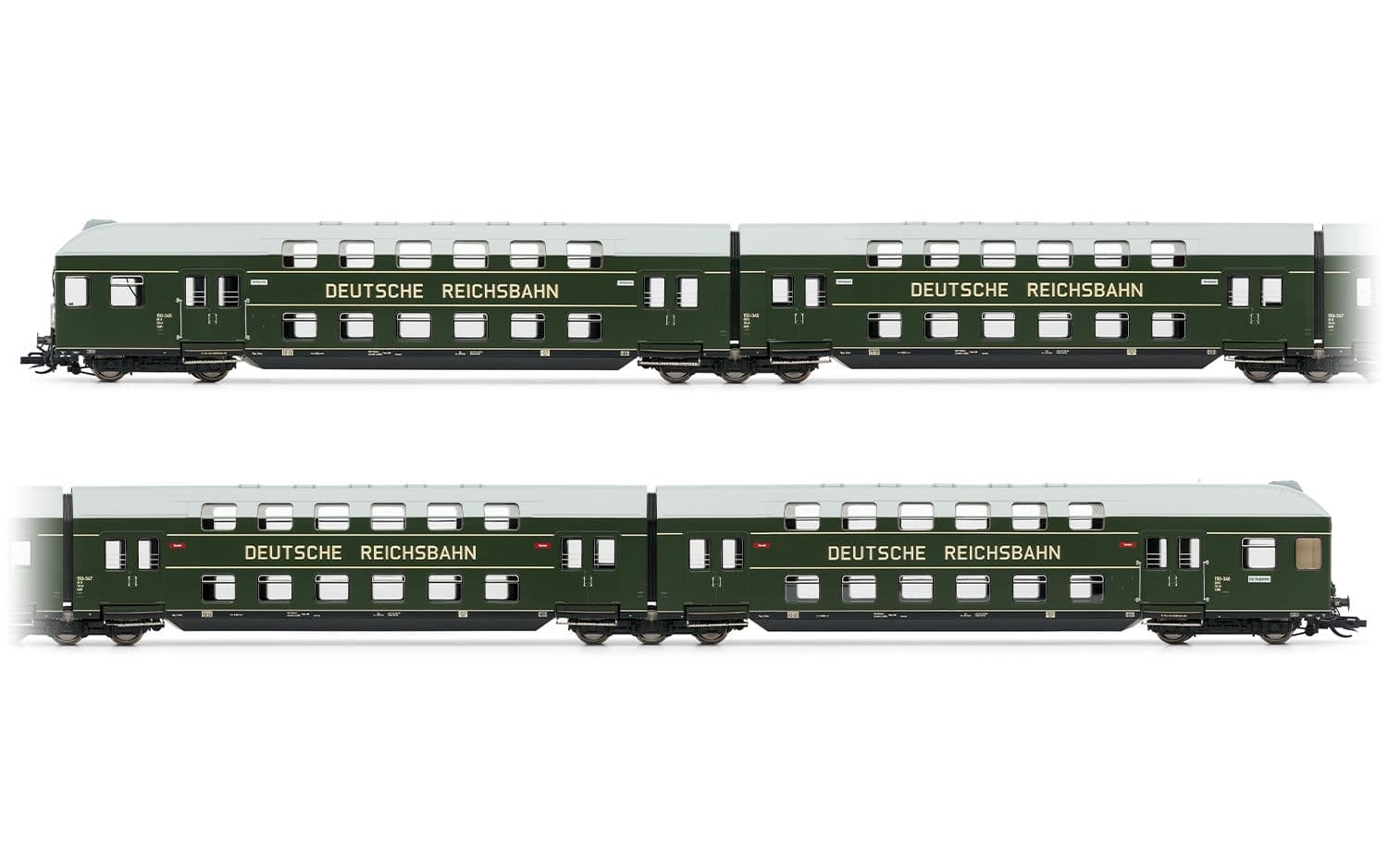 DR, 4-tlg. Doppelstockeinheit mit Steuerabteil, in grüner Farbgebung mit grauem Dach, Ep. III