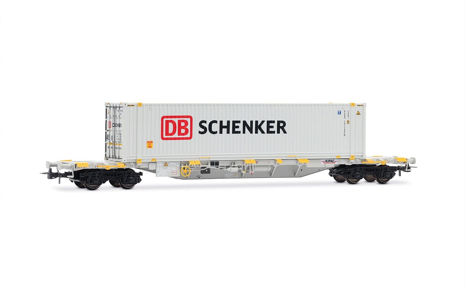 4-achs. Containerwagen der Bauart Sgnss, graue Farbgebung, beladen mit 45'-Container „DB Schenker”