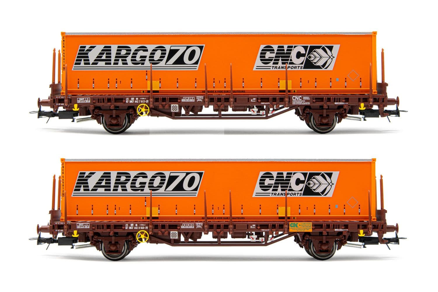 SNCF, coffret de 2 wagons plate-forme Lgs, avec conteneur "CNC Kargo70", ép. IV. Jeux de roues AC appropriés: HC6101 (11,27 x 24,25 mm)