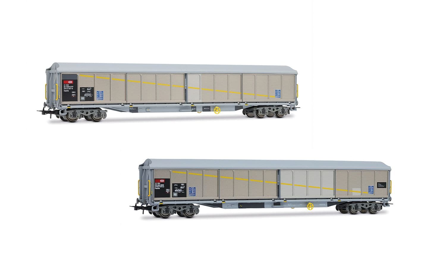 SBB, 2-unit set of 4-axle sliding-wall wagon type Habils, livery with patches, ep. V