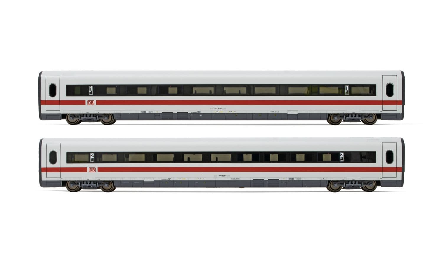 DB AG, 2-tlg. Set Erganzungsset ICE 1 Baureihe 401 in weiß/roter Lackierung, bestehend aus 1 x 1.-Klasse-Wagen und 1 x 2.-Klasse-Wagen, Tz 181 „Interlaken”, Ep. V-VI