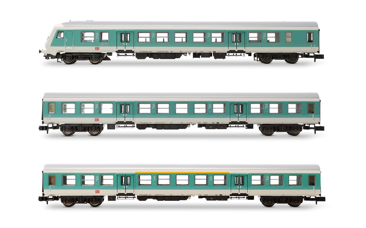 DB AG, 3-tlg. Set Nahverkehrswagen, in mintgrün/weißer Lackierung, bestehend aus 1 x Steuerwagen, 1 x Aby und 1 x By, Ep. V