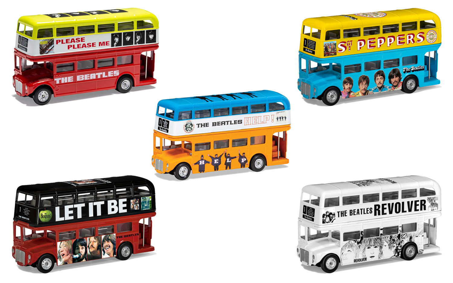 ミニカー Corgi The Beatles album cover die-cast BUNDLECBEA1 The Beatles - Set of 5 Album Cover London Bus models