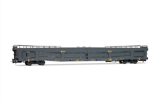 RENFE, 4-axle car transporter type DDMA, in grey livery, with protective panels, ep. IV