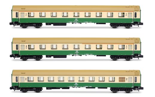 DR, 3-unit set of "OSShD" coaches type B, no. 2/2, consisting of 1 x A + 1 x AB + 1 x Bc, green/beige livery, ep. IV