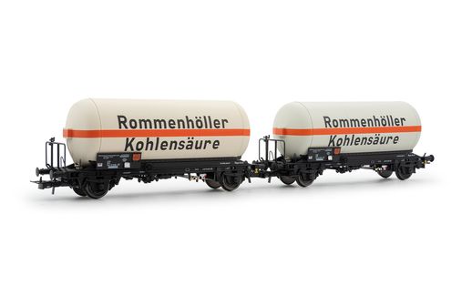 DB, 2-tlg. Set zweiachsiger Gaskesselwagen, „Rommenhöller Kohlensäure“, Ep. IV